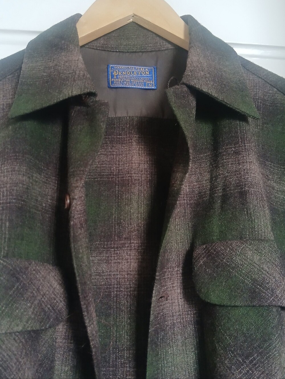 Vintage 1960's Pendleton Blue Label Shadow Plaid Wool Shirt Muted Green Size M